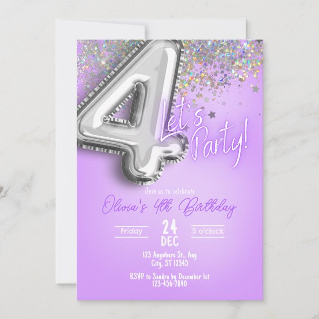 Invitación de cumpleaños 4º con purpurina morada (Anverso)