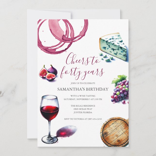 Invitación de cumpleaños 40 a la degustación de vi (Anverso)