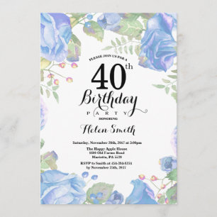 Invitación de cumpleaños 40 a la Floral Azul Botán