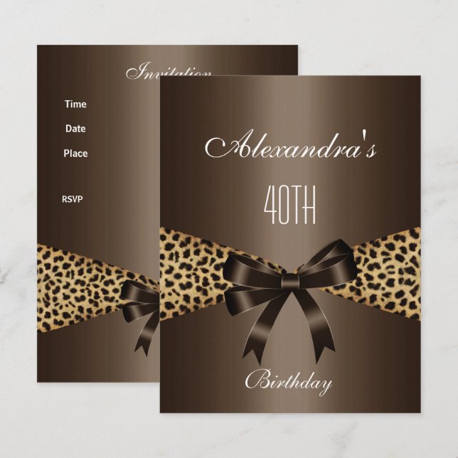 Invitación de cumpleaños 40 a Leopard Brown Animal (Anverso / Reverso)