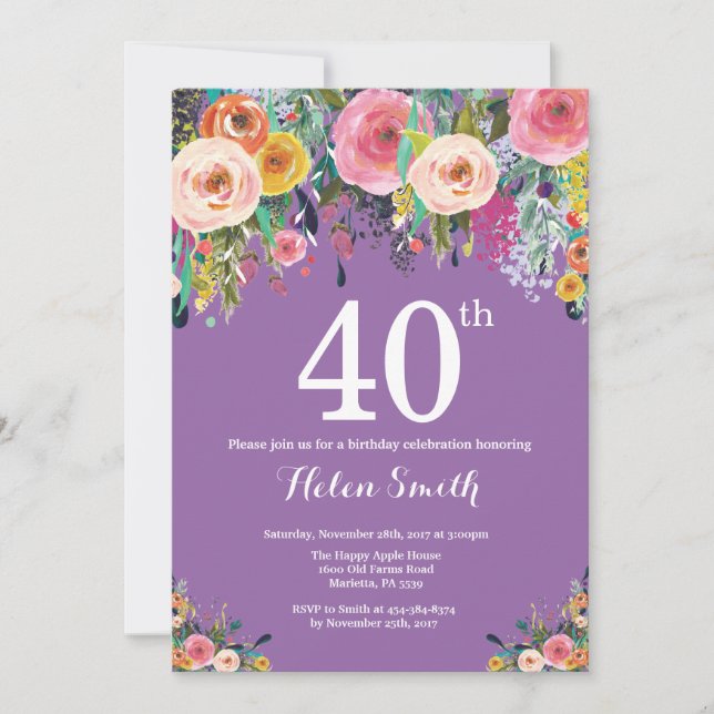 Invitación de cumpleaños 40 a Purple Floral (Anverso)