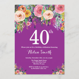 Invitación de cumpleaños 40 a Purple Floral