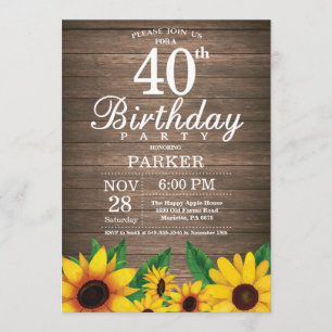 Invitación de cumpleaños 40 a Rustic Sunflower