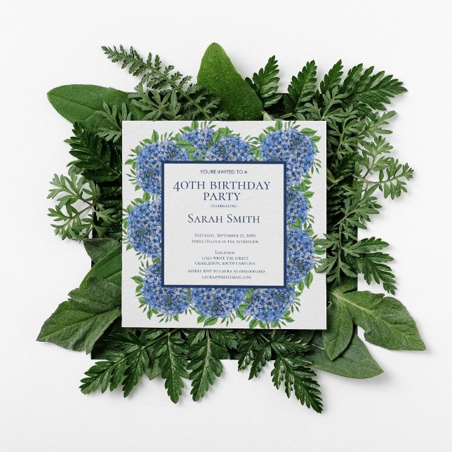 Invitación de cumpleaños 40 azul Hortensias Acuare (Subido por el creador)