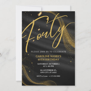 Invitación de cumpleaños 40 Black & Gold Glitter  