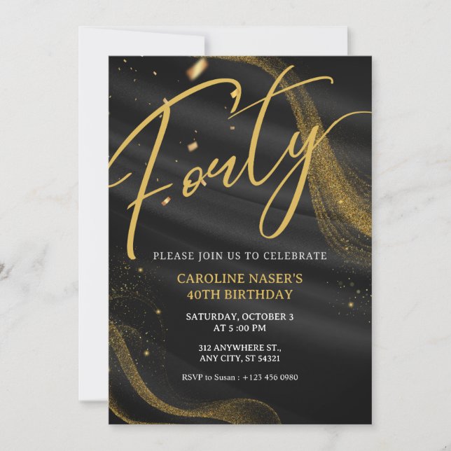 Invitación de cumpleaños 40 Black & Gold Glitter   (Anverso)
