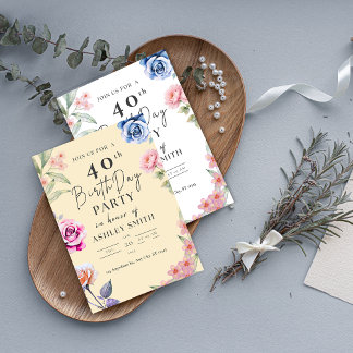 Invitación de cumpleaños 40 con acuarela floral