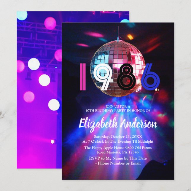 Invitación de cumpleaños 40 con bola de discoteca  (Anverso / Reverso)