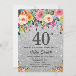 Invitación de cumpleaños 40 con brillo de plata fl
