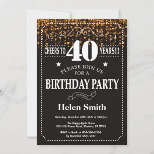 Invitación de cumpleaños 40 con brillo dorado