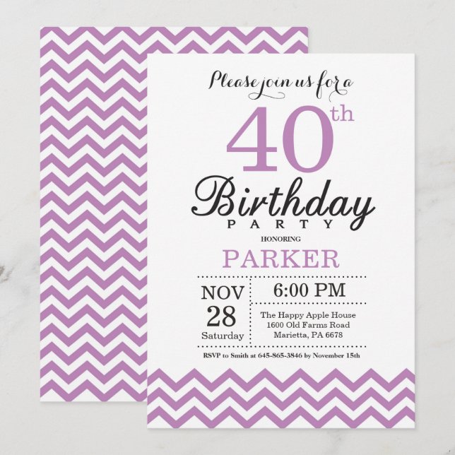 Invitación de cumpleaños 40 con Chevron púrpura (Anverso / Reverso)