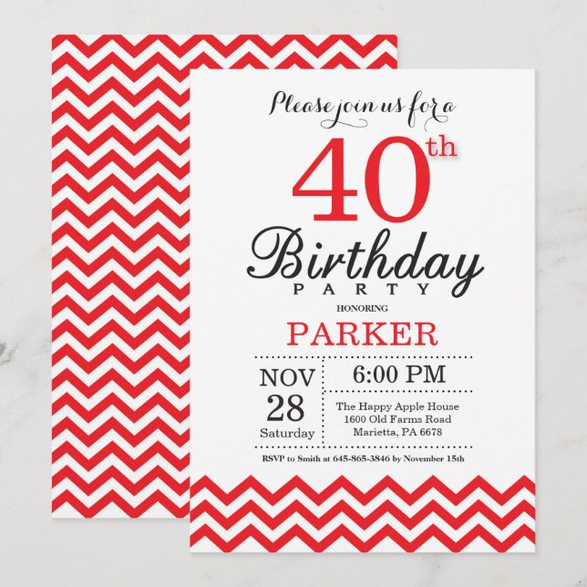 Invitación de cumpleaños 40 con Chevron Rojo (Anverso / Reverso)