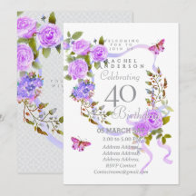 Invitación de cumpleaños 40 con cinta de rosa púrp