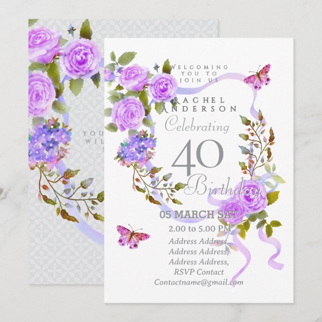 Invitación de cumpleaños 40 con cinta de rosa púrp (Anverso / Reverso)
