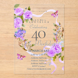 Invitación de cumpleaños 40 con la cinta de rosa p