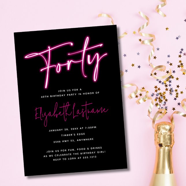 Invitación de cumpleaños 40 de Black Neon Pink (Subido por el creador)