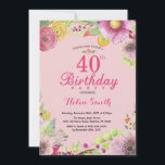 Invitación de cumpleaños 40 de Floral para mujeres<br><div class="desc">Invitación de 40 Años Florales a Mujeres. Floral acuarela,  fondo rosado. Para una mayor personalización,  haga clic en el botón "Personalizar" y utilice nuestra herramienta de diseño para modificar esta plantilla.</div>