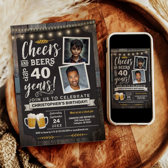 Invitación de cumpleaños 40 de Foto Cheers y Beers (Photo Cheers and Beers 40th Birthday Invitation)