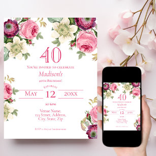 Invitación de cumpleaños 40 de Pink Floral
