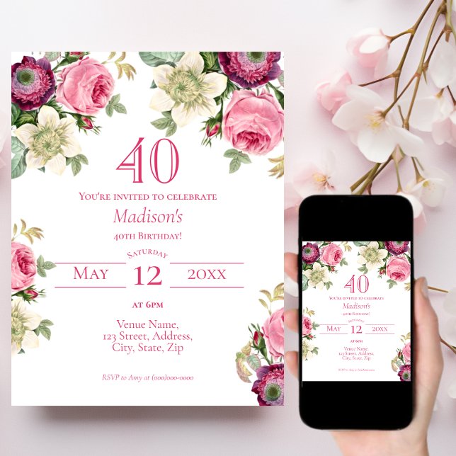 Invitación de cumpleaños 40 de Pink Floral (Subido por el creador)