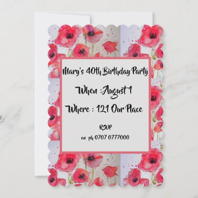 Invitación de cumpleaños 40 de Red Poppy Poppies F (Anverso)