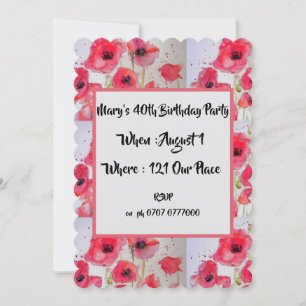 Invitación de cumpleaños 40 de Red Poppy Poppies F