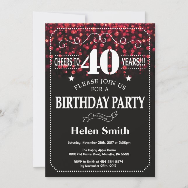 Invitación de cumpleaños 40 del Purpurina Rojo (Anverso)