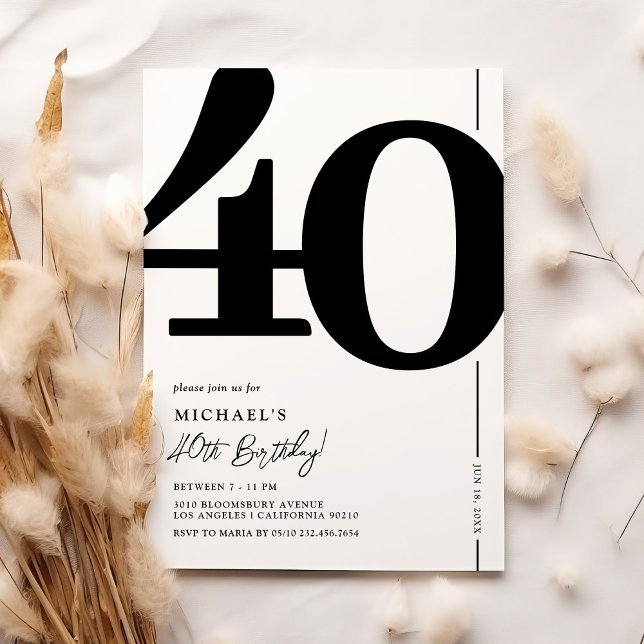 Invitación de cumpleaños 40 elegante negro blanco (Subido por el creador)