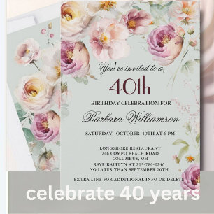 Invitación de Cumpleaños 40 Elegante Pintada Flora