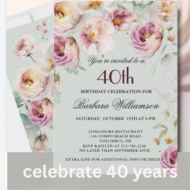 Invitación de Cumpleaños 40 Elegante Pintada Flora (Subido por el creador)