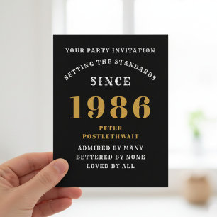 Invitación de cumpleaños 40 en negro y oro 1986