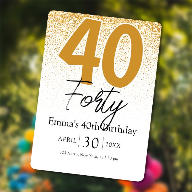 Invitación de cumpleaños 40 escrita a mano con pur (Gold glitter handwritten 40th birthday invitation)
