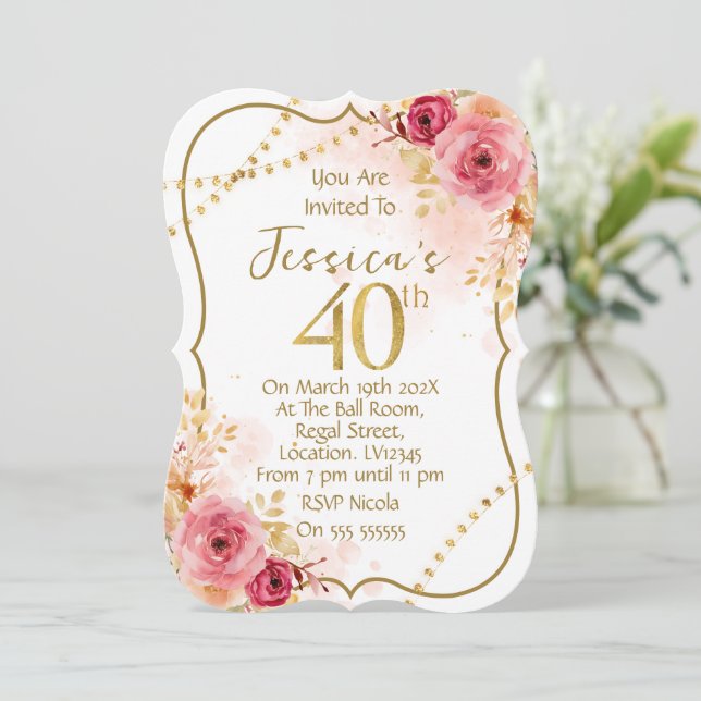 Invitación de cumpleaños 40 floral (Anverso de pie)
