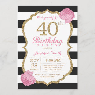 Invitación de cumpleaños 40 Floral de oro negro ro