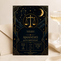Invitación de cumpleaños 40 Luxury Art Deco Libra