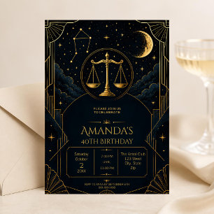 Invitación de cumpleaños 40 Luxury Art Deco Libra