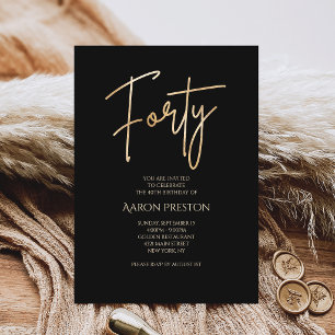Invitación de cumpleaños 40 Minimalista Negro Oro