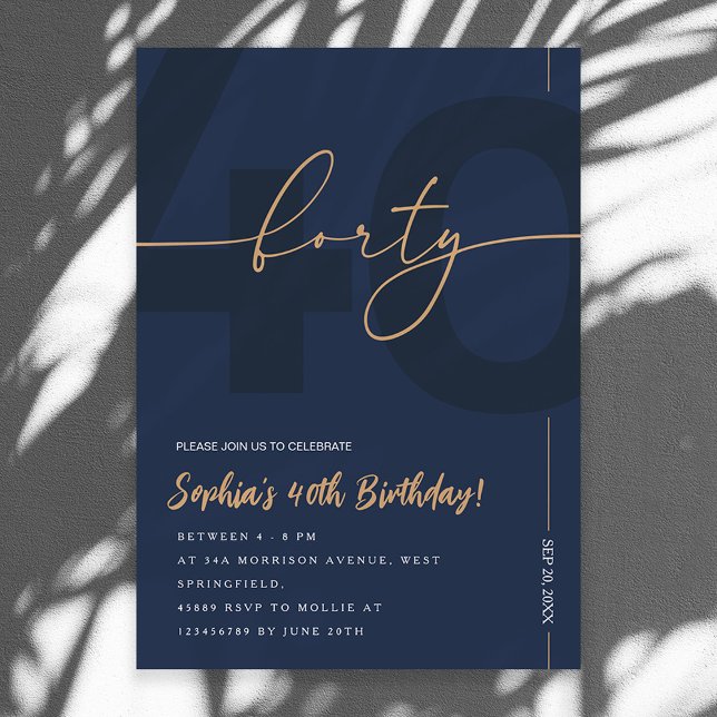 Invitación de cumpleaños 40 moderno azul marino y  (Subido por el creador)