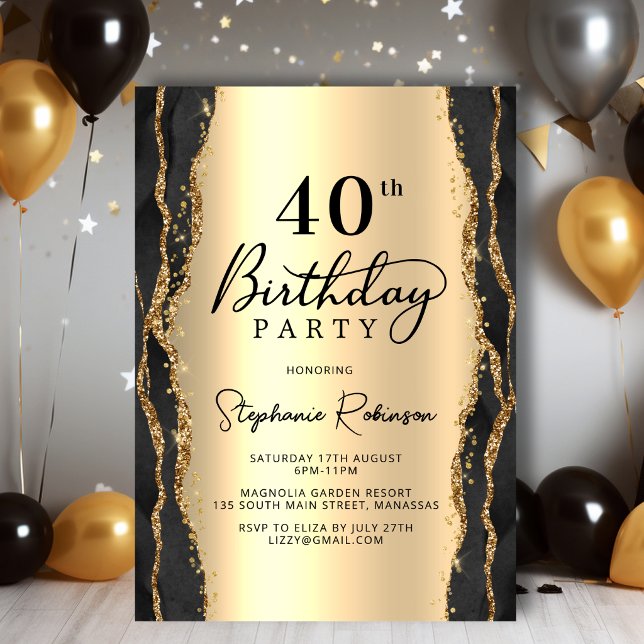 Invitación de cumpleaños 40 moderno en negro y oro (Subido por el creador)