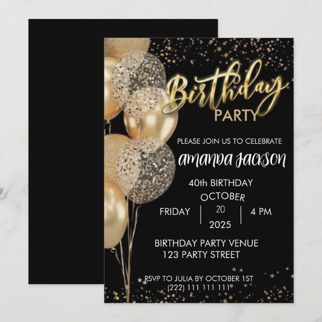 Invitación de cumpleaños 40 negro globos de oro (Anverso / Reverso)