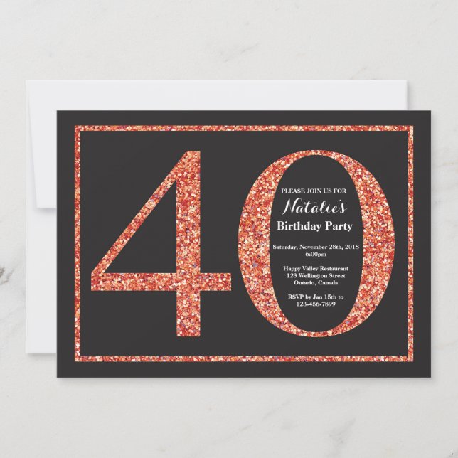 Invitación de cumpleaños 40 Orange Glitter Pizarra (Anverso)