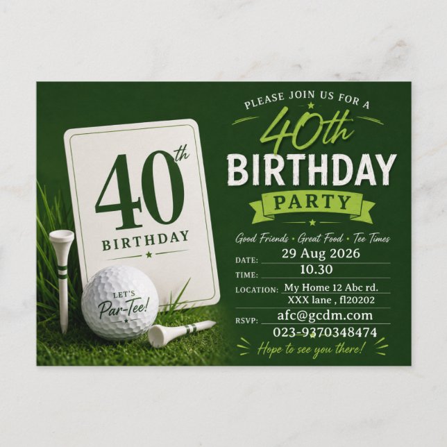 Invitación de cumpleaños 40 para golfista (Anverso)