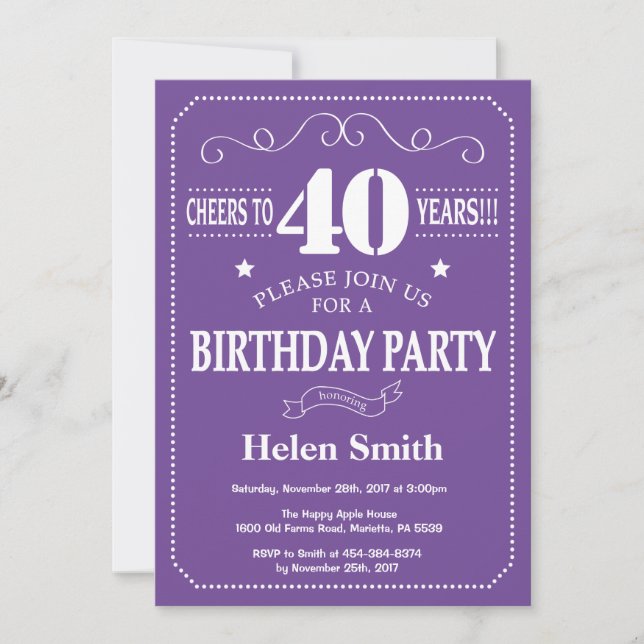 Invitación de cumpleaños 40 Purple y Blanco (Anverso)