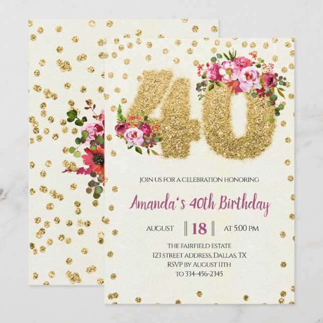 Invitación de cumpleaños 40 Purpurina de oro (Anverso / Reverso)
