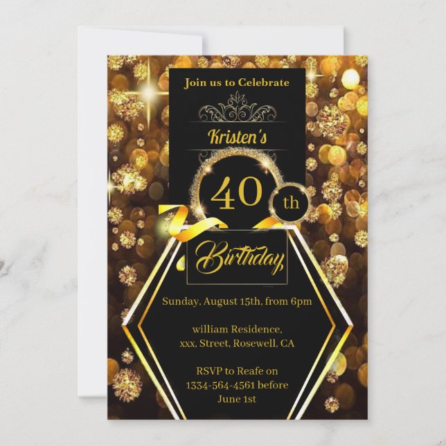 Invitación de cumpleaños 40 Purpurina de oro (Anverso)