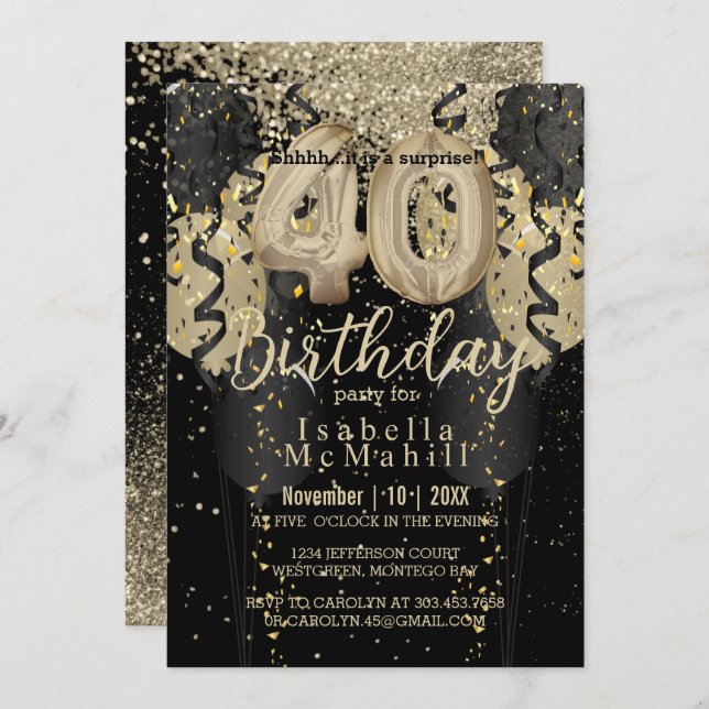 Invitación de cumpleaños 40 Purpurinas de oro y ne (Anverso / Reverso)