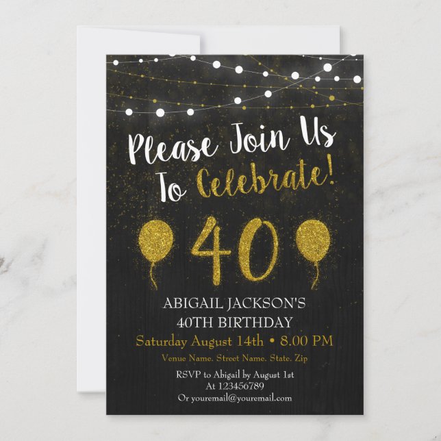 Invitación de cumpleaños 40 Purpurinas de oro y ne (Anverso)