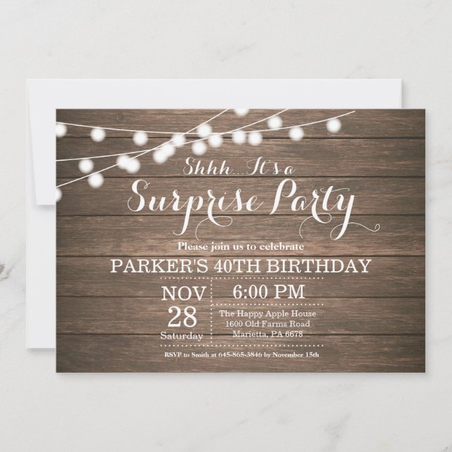 Invitación de cumpleaños 40 Rustico Sorpresa Mader (Anverso)