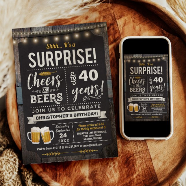 Invitación de cumpleaños 40 Sorpresa Cheers and Be (Surprise Cheers and Beers 40th Birthday Invitation)
