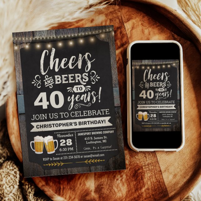 Invitación de cumpleaños 40 sorpresa Cheers and Be (Surprise Cheers and Beers 40th Birthday Invitation)